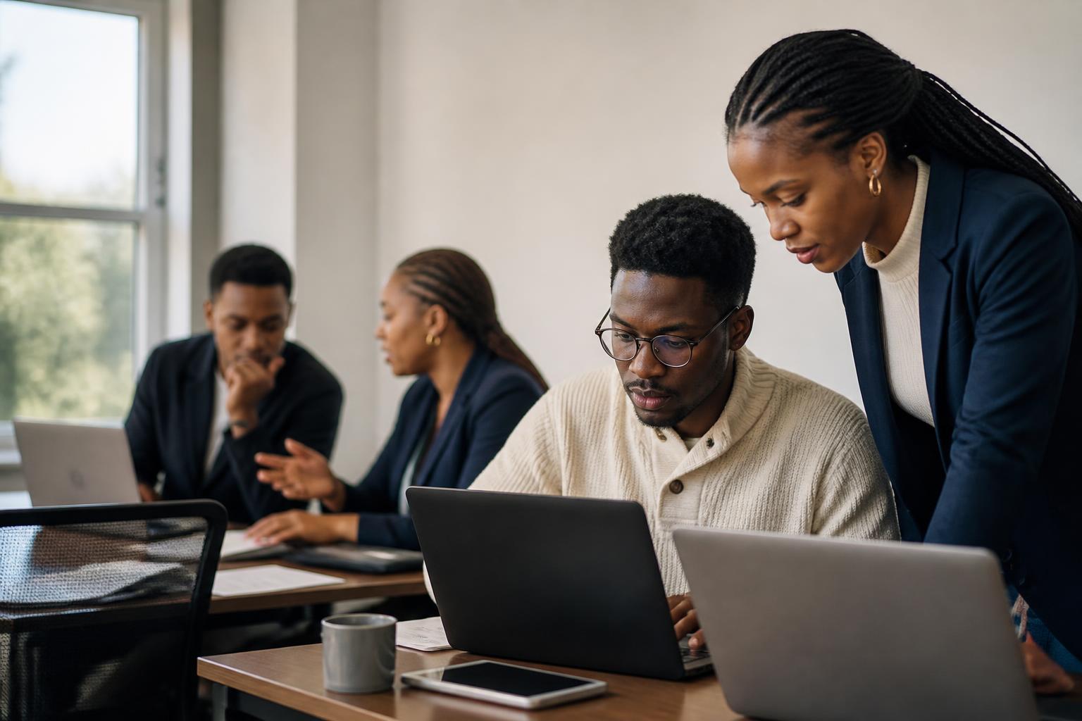 Young African professionals collaborating in a learning environment