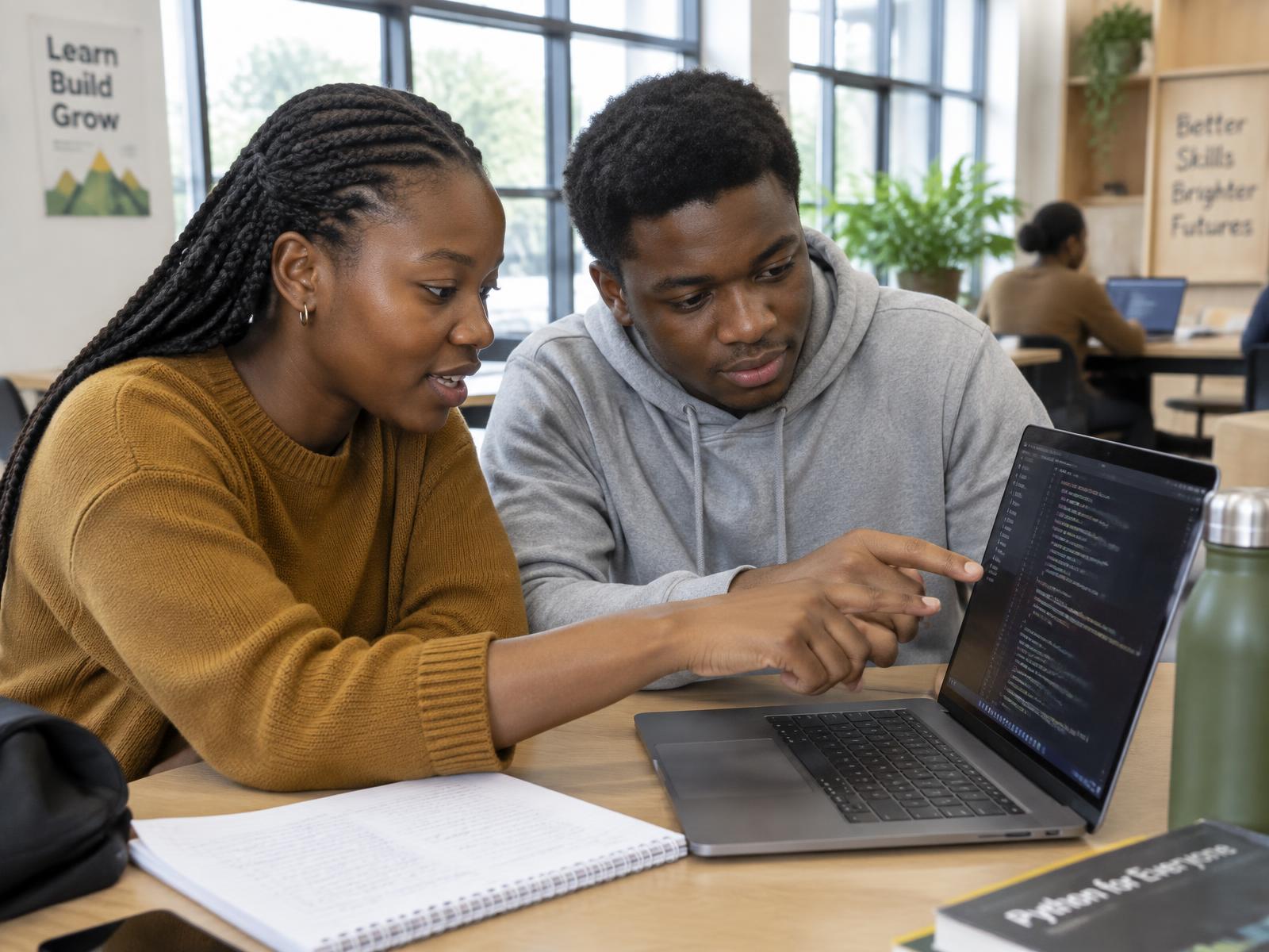 Young South African learners collaborating around laptops and project notes