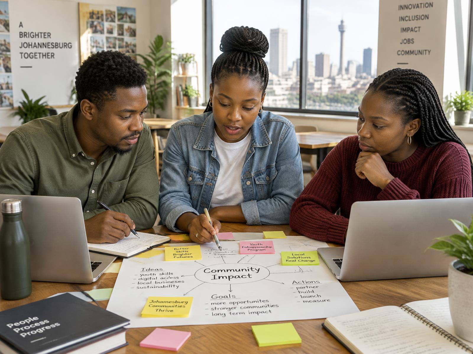 Three young South Africans planning a project together around laptops and notes
